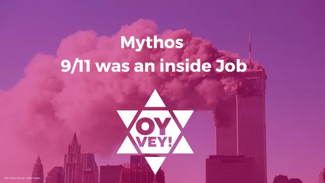 Bild der rauchenden Twin Tower des World Trade Centers am 11.09.2001, Text: Mythos Nine eleven was an inside job, Logo des Projekts