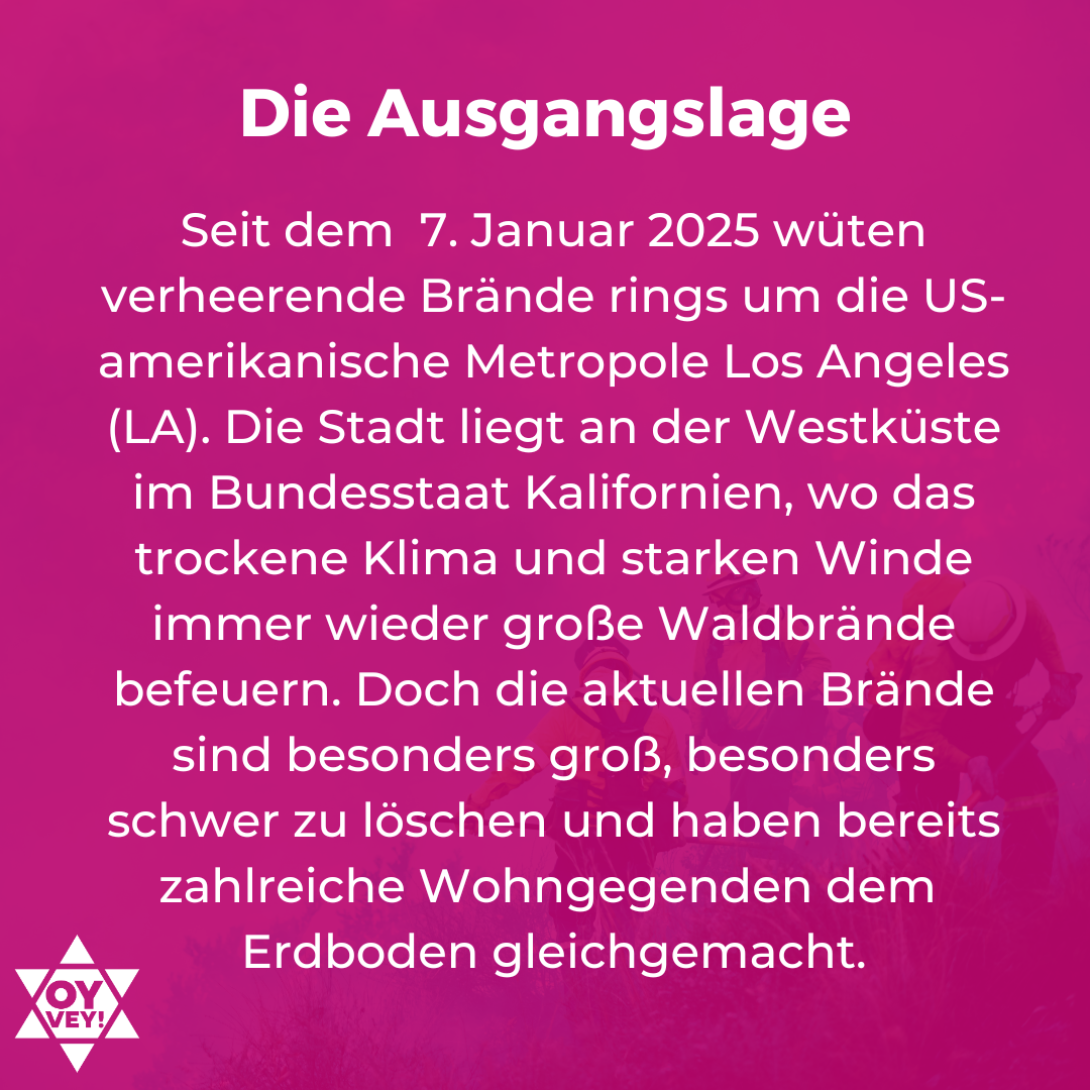 Die Ausgangslage. Seit dem  7. Januar 2025 wüten verheerende Brände rings um die US-amerikanische Metropole Los Angeles (LA). Die Stadt liegt an der Westküste im Bundesstaat Kalifornien, wo das trockene Klima und starken Winde immer wieder große Waldbrände befeuern. Doch die aktuellen Brände sind besonders groß, besonders schwer zu löschen und haben bereits zahlreiche Wohngegenden dem  Erdboden gleichgemacht.